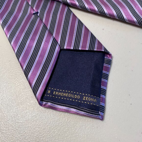 ERMENEGILDO ZEGNA Purple Black Silver Striped 100% Silk Tie Made In Italy - Picture 2 of 8